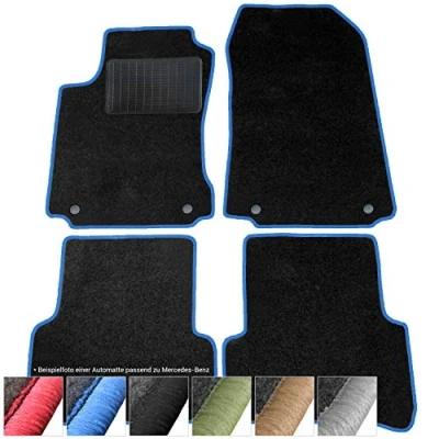Abbildung von moto MOLTICO Fußmatten Auto Velours Autoteppiche Schwarz Automatten Set 4 teilig passend für Mercedes Benz C Klasse W203 2000 2007 (Blaue Ziernähte)