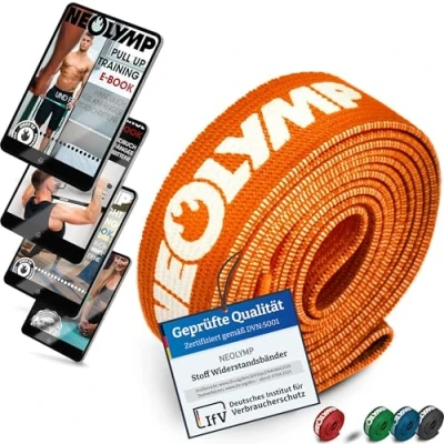 Abbildung von NEOLYMP Lange Fitnessbänder Stoff mit Fitness E Book waschbare Resistance Bands, Widerstandsbänder, Gymnastikband, Fitnessband, Trainingsbänder, Klimmzugbänder, Krafttrainingssets (orange)