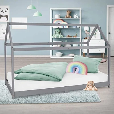Abbildung von ML Design Kinderbett 90x200 cm Hellgrau mit Matratze H:16 cm, Dach, Lattenrost, Kinderhaus aus Kiefernholz, Stabiles Jugendbett, Mädchen &amp; Jungen Hausbett, Massivholz Kinder Bett, Bettenhaus Spielbett