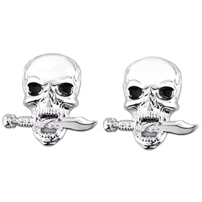 Abbildung von 2 Stück Skull Emblem Logo Aufkleber für alle Fahrzeuge Gepäckfächer Türen und Fenster (Silber)
