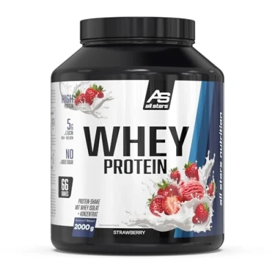 Abbildung von ALL STARS Whey Protein (2 kg, Strawberry) Cremiger Shake mit Isolat + Konzentrat hochwertiges Pulver ca. 22 g Eiweiß/Portion 2000