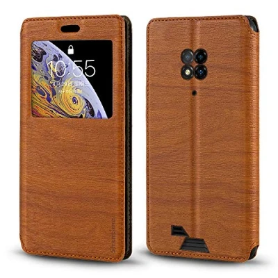 Abbildung von Ulefone Armor 8 Hülle, Holzmaserung Leder Hülle mit Kartenhalter und Fenster, Magnetisches Flip Cover für