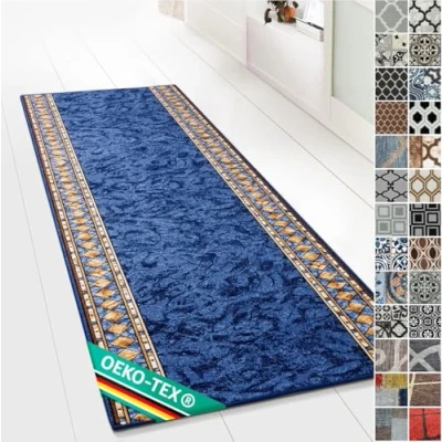 Abbildung von Floordirekt Teppichläufer mit Muster maßgefertigter Feinschlingen Teppich Läufer für Küche, Flur &amp; Wohnraum Ornament Vintage Orient Gitter (80 x 150 cm, Rügen Blau)