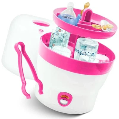Abbildung von Babyruf BS 29b Sterilisator für Babyflaschen Dampfsterilisator &amp; Vaporisator bis zu 6 Flaschen Einfache Bedienung Baby Erstausstattung Neugeborene Flaschenreiniger Zubehör weiß/pink
