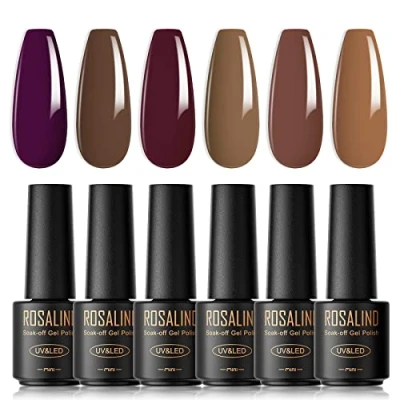 Abbildung von ROSALIND UV Nagellack, 6 Farben Mini Gel Nagellack Set Braun Dunkellila Shellac Soak Off Nail Polish French Manicure für Frauen Mutter Geschenkset DIY zu Hause