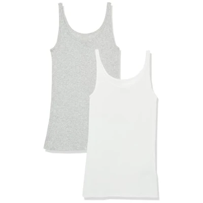 Abbildung von Amazon Essentials Damen Schmal geschnittenes Tanktop mit dünnem Trägern, 2er Pack, Hellgrau Meliert/Weiß, XXL