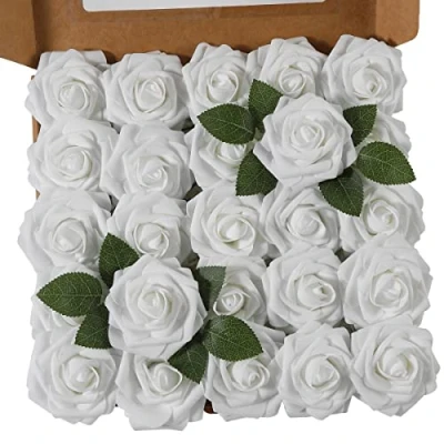 Abbildung von Ruiuzioong Künstliche 25 Stück Rosen Blumen Schaumrosen Foamrosen Kunstblumen Rosenköpfe Gefälschte Kunstrose Rose für Hochzeit Blumensträuße Braut Zuhause Dekoration (Weiß, Stück)