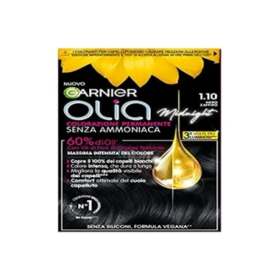Abbildung von Garnier Olia Midnight Haarfarbe, permanente Färbung ohne Ammoniak, zarter Duft, deckt 100% weißes Haar ab, mit natürlichen Blütenölen Ursprungs, vegane Formel, Saphirschwarz