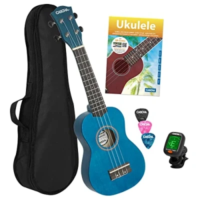 Abbildung von CASCHA Sopran Ukulele Set für Kinder und Erwachsene I Starter Kit mit 3 Plektren Tasche Lehrbuch Lernvideos über QR Code Stimmgerät Aquila Saiten Nylon Kleine Hawaii Gitarre Blau