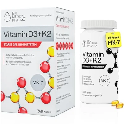 Abbildung von Vitamin D3 K2 MK 7 Hochdosiert 240 Softgel Kapseln 5000 IE D und 100mcg MK7 Hohe Bioverfügbarkeit mit Leinöl Unterstützt Immunsystem Knochen Ohne Zusätze