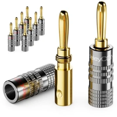 Abbildung von deleyCON 10 Stück Bananenstecker Set Vergoldet Schraubbar für Lautsprecherkabel Boxenkabel 0,75 mm 4,5 &amp; z. B. HiFi Audio Heimkino Receiver Grau