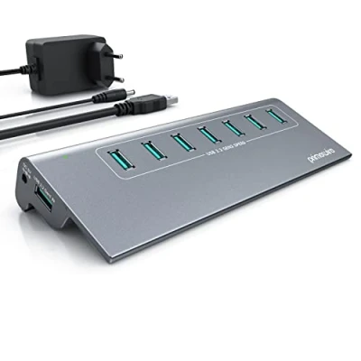 Abbildung von CSL USB 3.2 Gen2 Hub 7 Port Verteiler aktiv 10 Gbit/s Aktiver Betrieb mit Netzteil Metallgehäuse anthrazit für PC Notebook Laptop Tablet Windows und MacOS