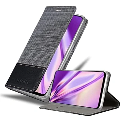 Abbildung von Cadorabo Hülle kompatibel mit Oppo A94 5G aus Premium Jeans und Kunst Leder Flip Klappbare Stoßfeste Magnetische [Standfunktion] [Kartenfächern] Cover für Tasche in Grau