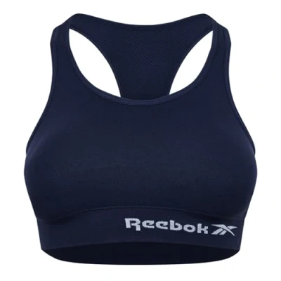 Abbildung von Reebok Damen Seamless Crop Top Marineblau Fitness BH Mit Feuchtigkeitsableitungstechnologie Training Bra, Blau, S EU