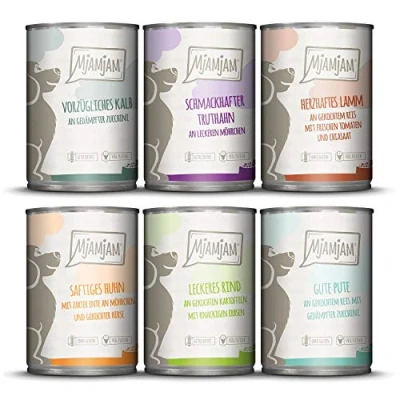 Abbildung von MjAMjAM Premium Nassfutter für Hunde Mixpaket II mit Huhn &amp; Ente, Rind, Pute, Kalb, Truthahn, Lamm, 6er Pack (6 x 400 g), naturbelassen extra viel Fleisch