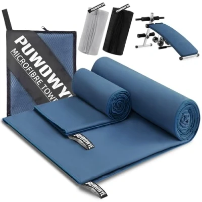 Abbildung von PUWOWYE Mikrofaser Handtuch 2er Set, 160x80cm Groß Badetuch + 80x40cm Klein Handtuch, Schnelltrocknend Handtücher Set für Sport, Fitness, Sauna, Strand, Reise und Outdoor