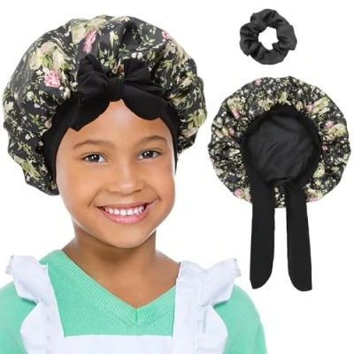 Abbildung von SENGTERM Kids Bonnets für Mädchen, doppelte Reversible Seidenhaube die schlafende Satin Motorhaube mit breitem elastischen Band (Black flower, Einheitsgröße)