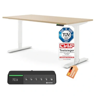 Abbildung von Ergotopia Desktopia Pro x Elektrisch höhenverstellbarer Schreibtisch, Ergonomischer Stehtisch für Büro oder Home Office (Ahorn, Gestell Weiß, 120 80 cm)