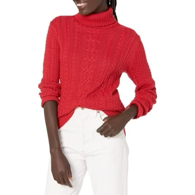 Abbildung von Amazon Essentials Damen Leichter Rollkragenpullover Mit Zopfmuster (Erhältlich In Übergröße), Rot, XS