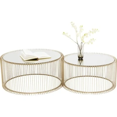 Abbildung von Kare Design Couchtisch Wire (2/Set), Brass, 63/53cm Durchmesser, Beistelltisch, Nachttisch, Stahlgestell, Tischplatte aus Sicherheitsglas, Wohnzimmer, rund, 34x70x70 cm (H/B/T)