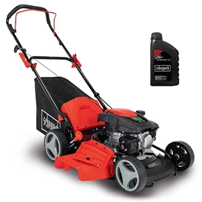 Abbildung von Scheppach MP150 46 Benzin Rasenmäher 46cm Schnittbreite 3,5 PS 7 fache Schnitthöhenverstellung 55 Liter Fangkorb Seitenauswurf Mulchfunktion Reinigungsfunktion inkl. Motoröl