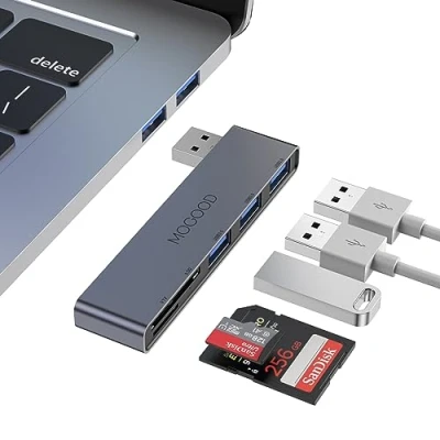 Abbildung von MOGOOD USB Hub, 5 Anschlüsse, ultradünner Daten Hub mit 1 3.0, 2 2.0, TF/SD/MicroSD Kartenleser, tragbarer Splitter für MacBook, Surface Pro, XPS, Notebook PC, Flash Drives, und mehr