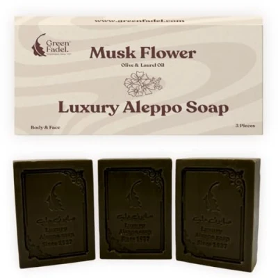 Abbildung von GREEN FADEL (Luxury) Aleppo Seife Original mit Moschusblüte Aroma, 3 Stück, Olivenöl &amp; Lorbeeröl, Olivenölseife, Naturseife, Luxury Soap, für Gesicht Körper