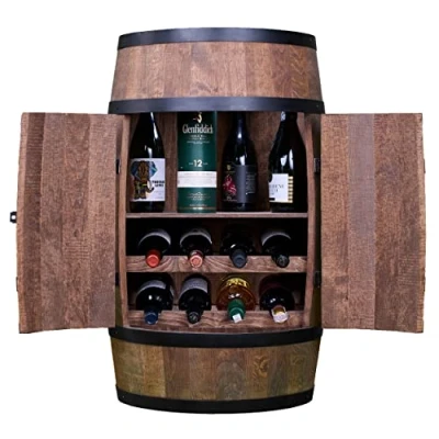 Abbildung von CREATIVE COOPER Weinfass Stehtisch mit Tür, Weinliegen und Regal Alkoholschrank Flaschenregal Holzfass Fassmöbel Wine Rack Wineregal Holz Weinbar Fass bar Tür Fassbar 80cm Wenge