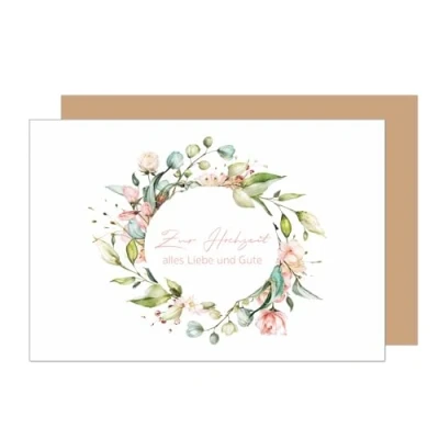 Abbildung von Edition Seidel Premium Glückwunschkarte zur Hochzeit mit Umschlag aus Kraftpapier. Hochzeitskarte Grußkarte Vermählung Just Married Wedding Eukalyptus Blumen Blumenkranz (H486 SW024)