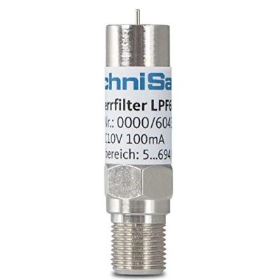 Abbildung von TechniSat LTE Sperrfilter Filter zum Schutz vor Störungen bei DVB T2 (LPF694, DC Durchlass, Wasserdicht, Innen und Außenbereich, F Buchse/F Stecker) Silber