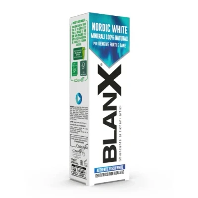 Abbildung von BlanX, Nordic White Zahnpasta Anti Flecken, mit 100% natürlichen Minearls, beruhigend und regenerierend, sofortige Frische, Format 75 ml, 12 Packungen