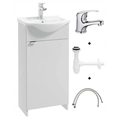 Abbildung von Deftrans Domodomo Badezimmerschrank mit Waschbecken, 86 x 38 19,6 cm weißer Waschbeckenschrank, Keramik Waschbecken Set, Standschrank für kleines Bad Kredo Armatur