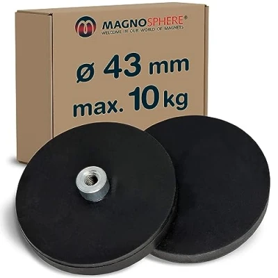 Abbildung von 2 x Neodym Magnet System gummiert Ø 43 mm Gewinde Buchse (Innen Gewinde) M4 Haftkraft 10 kg Stück Starke Magnete mit Gummi für Schrauben Haken Ösen, Größe: Ø43mm 10kg