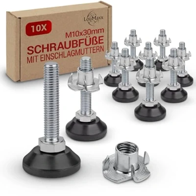 Abbildung von LouMaxx Regulierschraube M10 x 30mm Verstellbare Füße inkl. Einschlagmutter Nivellierfüße Maschinenfuß Stellfuß Stellschrauben 10er Set Verstellschraube