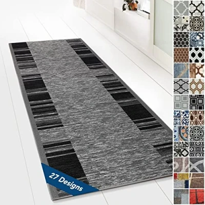 Abbildung von Floordirekt Teppichläufer mit Muster maßgefertigter Feinschlingen Teppich Läufer für Küche, Flur &amp; Wohnraum Ornament Vintage Orient Gitter (80 x 400 cm, Navona)