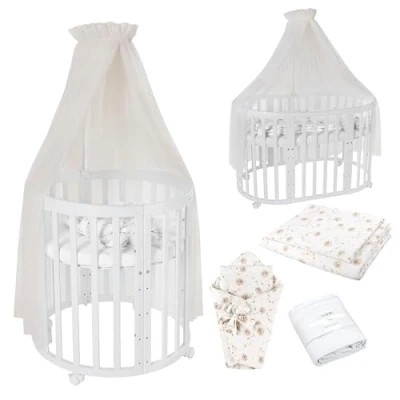 Abbildung von Waldin Oval Baby Bett Mitwachsend Komplett Set 7in1, Gitterbett, Kinderbett mit Matratze, Wickelkommode, Beistellbett, Holz Weiß, Stoffe Champagner Löwenzahn