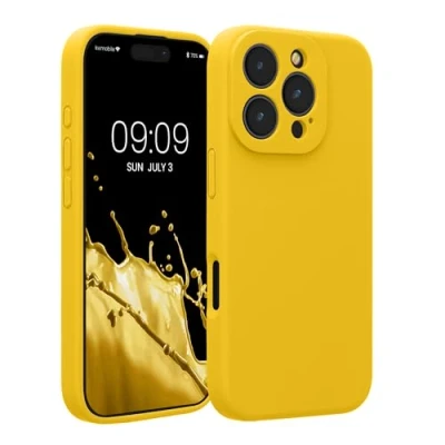 Abbildung von kwmobile Handyhülle kompatibel mit Apple iPhone 16 Pro Hülle gummierte Handy Case aus Silikon in Strahlend Gelb