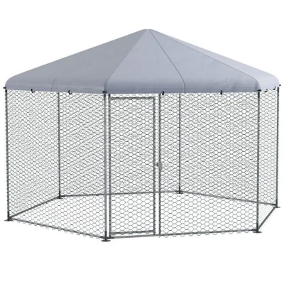 Abbildung von PawHut Hühnerstall 400 x 346 263 cm Freilaufgehege aus Stahl, für 10 15 Hühner, Kleintiere, Grau