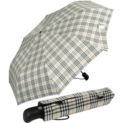 Abbildung von iX brella Taschenregenschirm first class Regenschirm mit Auf Zu Automatik, für Damen und Herren, groß, satbil beige kariert