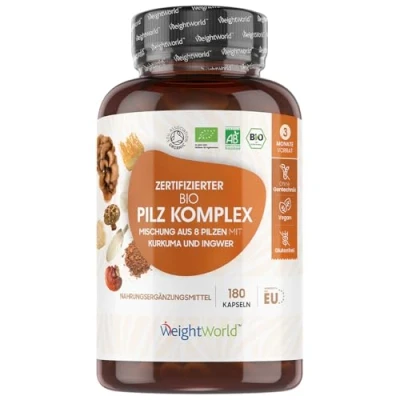Abbildung von BIO Pilz Komplex Mischen aus 8 Pilzen 180 vegane Kapseln Zertifiziert Mit Löwenmähne Pilz, Reishi, Chaga, Shiitake, Maitake, Cordyceps &amp; Austernpilze Organic Mushroom Complex WeightWorld