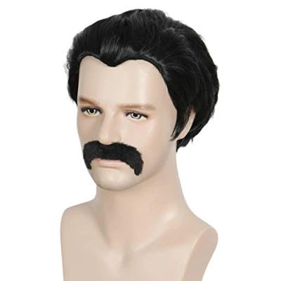 Abbildung von Linfairy Short 80er Kostüme Herren Disco Dirt Bag Perücke &amp; Schnurrbart Halloween Cosplay Kostüm Schwarzperücke