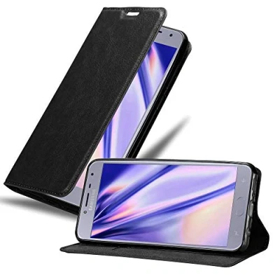 Abbildung von Cadorabo Hülle kompatibel mit Samsung Galaxy J4 2018 aus Premium Kunst Leder Flip Klappbare Stoßfeste Magnetische [Standfunktion] [Kartenfächern] Cover für Tasche in Schwarz
