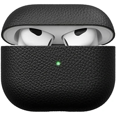 Abbildung von KeyBudz Artisan Leder Schutzhülle für Apple AirPods 3 Case, Etui, Ledertasche Echtleder, Kopfhörer Ohrhörer Zubehör, schwarz