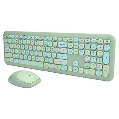 Abbildung von Kabellose 2,4 G Tastatur und Maus Kombination, Bunte Runde Tastenkappen, Niedliche ästhetische Tastatur, 110 Tasten in Voller Größe, QWERTY Schreibmaschinentastatur(Grün gemischt)