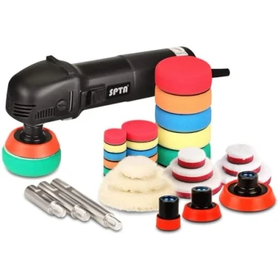 Abbildung von Mini Poliermaschine, SPTA 780W Polierer mit 6 Variable Geschwindigkeit, Seitengriff, 25/50/80mm Polierteller/Polierschwamm/Wollscheibe/Schleifpapier, zum Polieren von Auto, Möbeln HROMPS3AC