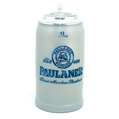 Abbildung von Bavariashop Steinkrug Paulaner salzglasiert mit Zinndeckel 1,0 Liter salzglasierter Keferloher Bierkrug
