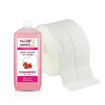 Abbildung von N&amp;BF Nagel Cleaner Set mit Duft 500ml + 1000 Zelletten Cellulose Pads (2 Rollen à 500 Stück) 70% Isopropanol Alkohol für Gelnägel Nagelreiniger kosmetisch rein in Studioqualität (Erdbeer)