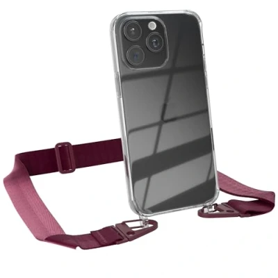 Abbildung von EAZY CASE Hülle mit Band kompatibel iPhone 15 Pro Max Handyhülle Umhängeband für Silikonhülle Transparent Schutzhülle Handykette zum Umhängen Handykordel in Rot Dunkel
