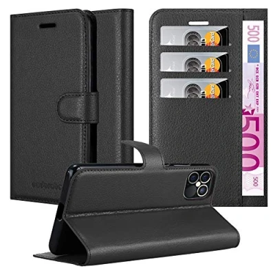 Abbildung von Cadorabo Hülle kompatibel mit Apple iPhone 12/12 PRO Handyhülle aus Kunst Leder Flip Klappbare Magnetische [Standfunktion] [Kartenfächern] Cover für Tasche in Schwarz