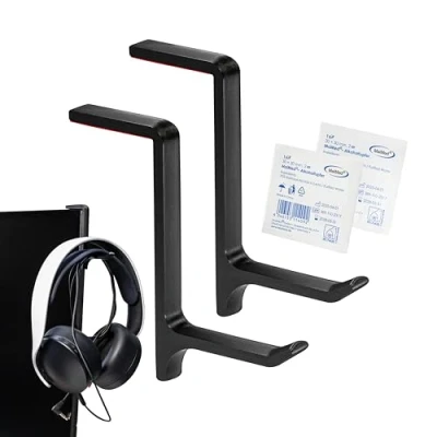 Abbildung von STEKIS Gaming Headset Halterung für Monitor 2x Headsethalter Haken schwarz mit Reinigungstuch schmal Kopfhörer Bildschirm